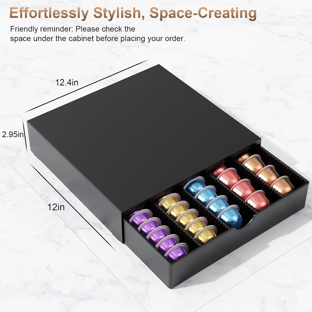 Coffee Pods Drawer Organizer Compatible with Nespresso Vertuo Pods Holds Up to 60 Small or 40 Large (Black)