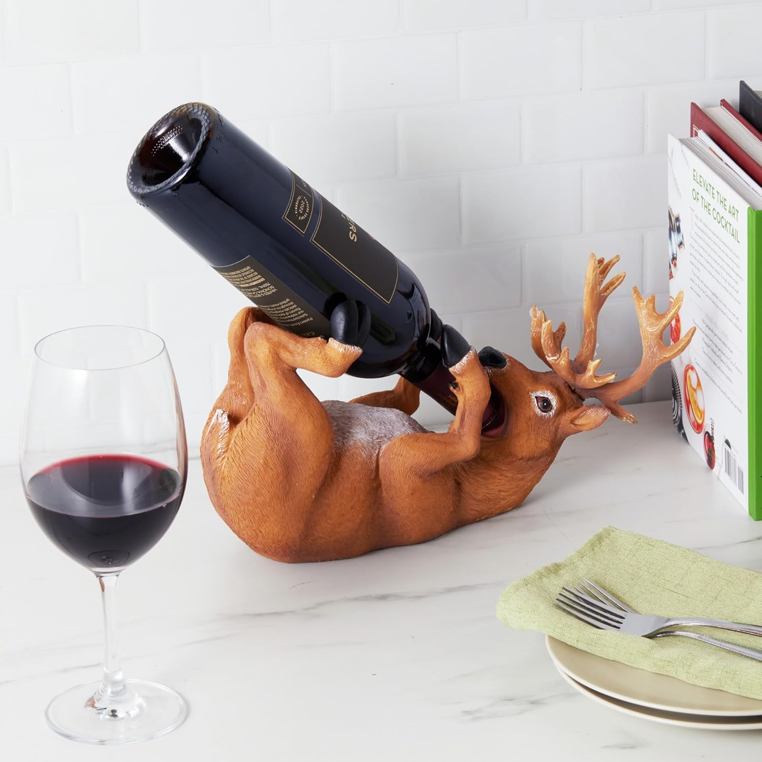 TRUE Buzzed Buck Bottle Holder for Kitchen Decor or Bar Carts, Bottle Rack for Wine Decor Bottle Storage, Detailed Polyresin Novelty Animal Wine Display