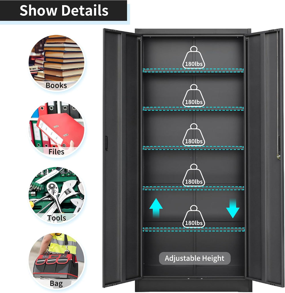 Wanfu Metal Storage Cabinet, 71”H Metal Garage Cabinet with 5 Adjustable Shel...