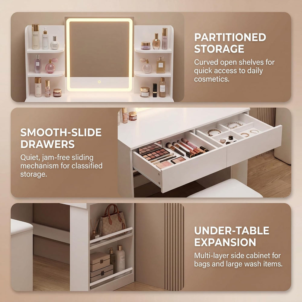 YESHOMY 35.4 Inch Vanity Desk Set with LED Mirror and Lights, Modern White | ...