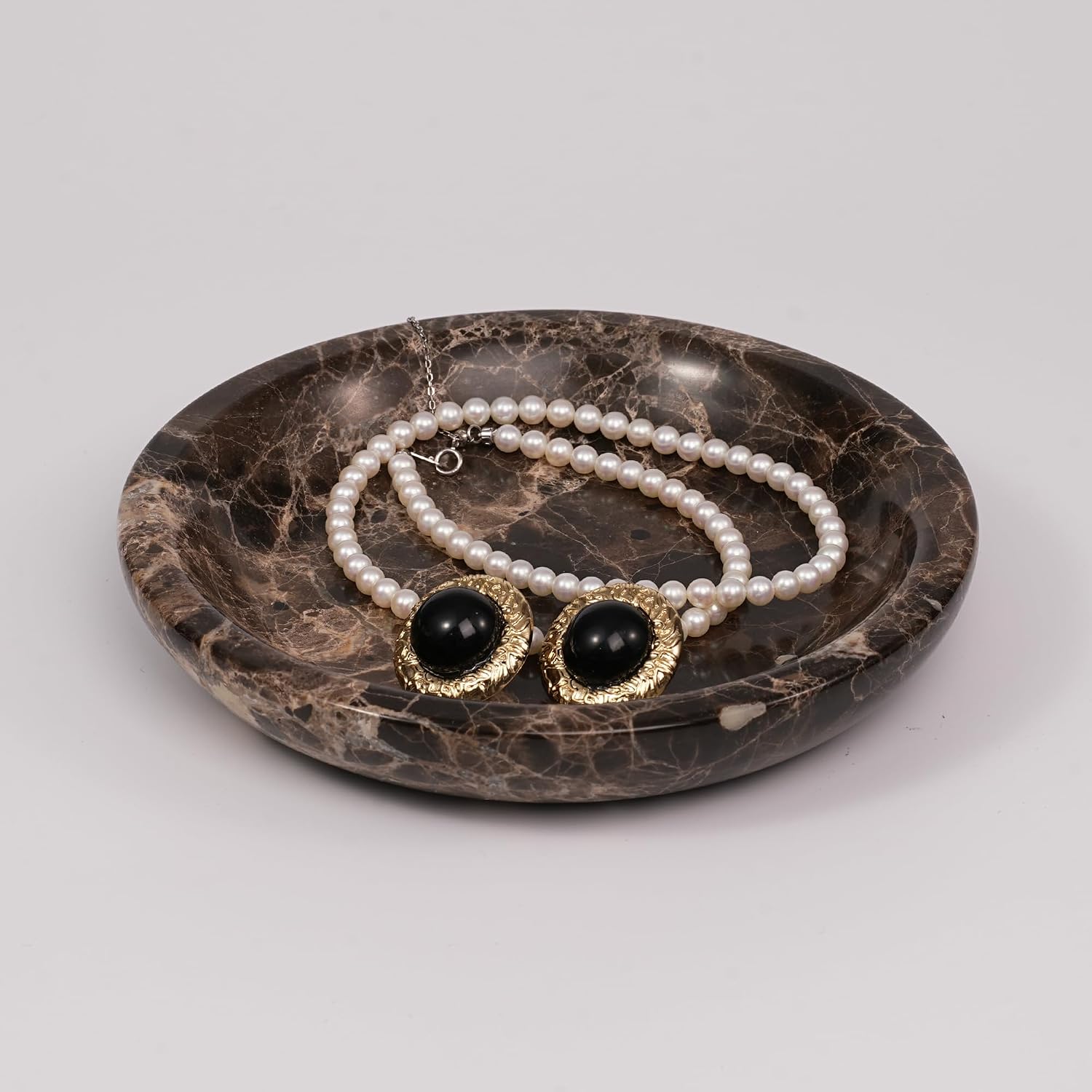 Brown Marble Jewelry Tray - Stone Trinket Ring Key Purse Holder Dish, Small Cute Round Plate Decorative Bowl for Nightstand Entryway Coffee Table Decor (5.5 inch)