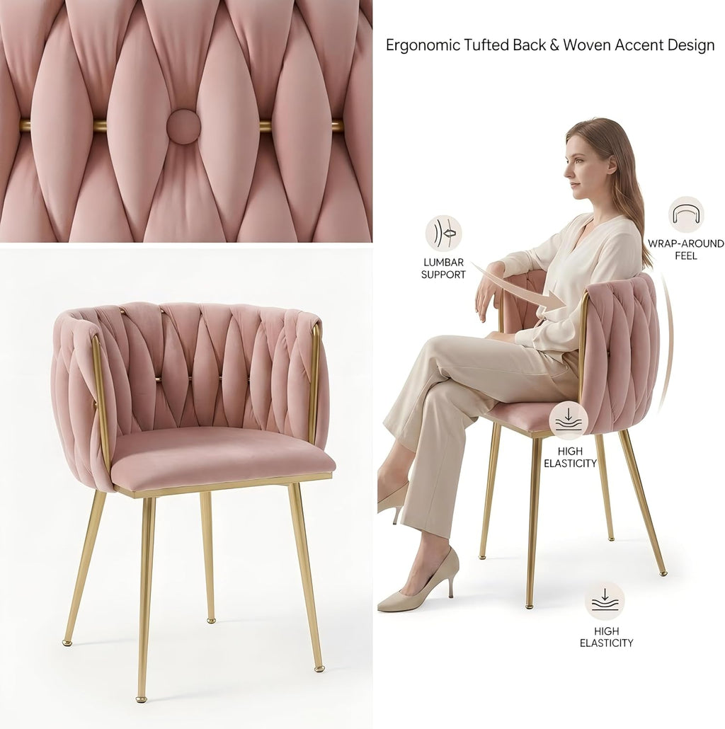 KEIKI Modern Velvet Dining Chairs Set of 2, Upholstered Woven Accent Dining Chairs with Gold Metal Legs, Tufted Back, Kitchen & Dining Room Chairs for Living Room, Bedroom, Vanity, Pink