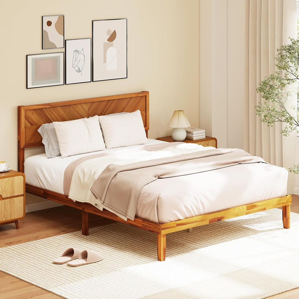 GOFLAME Queen Size Wood Bed Frame, Mid-Century Modern Platform Bed with Headb...