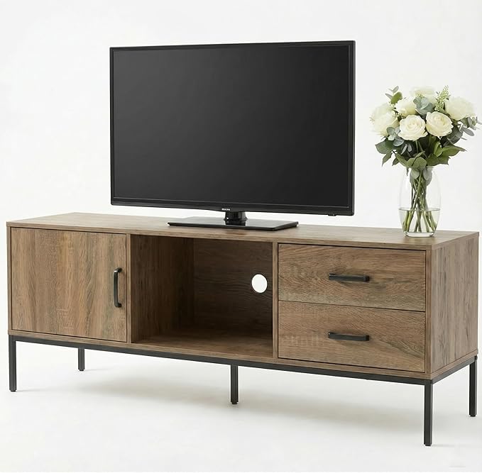 TV Stand for 55/60 Inch TV, Modern Wood Entertainment Center with Storage, 52" Media Console Table with 2 Drawers & Door Cabinet, Television Stands for Living Room & Bedroom (Rustic Brown)