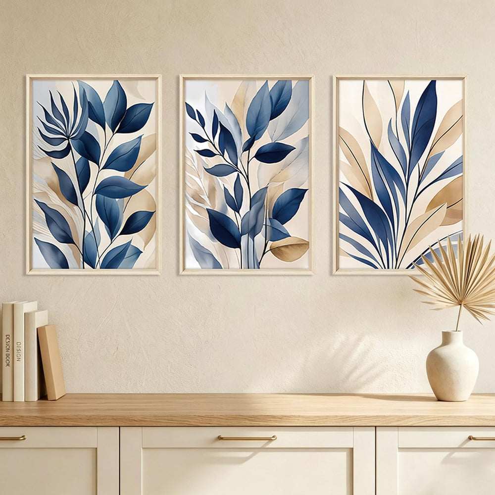 HOURIA Navy Blue Neutral Tan Leaf Framed Canvas Wall Art Set-16"x24"x3