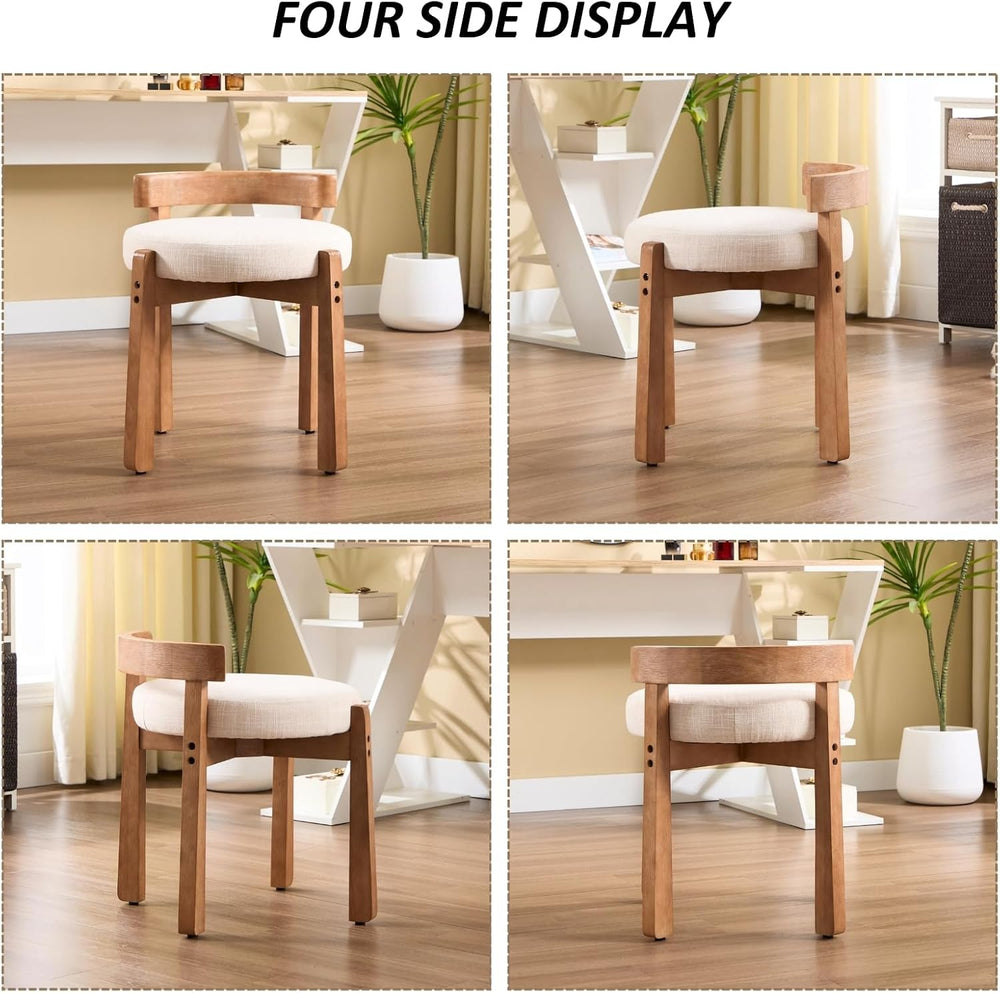HEAH-YO Wood Vanity Chair with Back, Linen Upholstered Small Ottoman Footstoo...