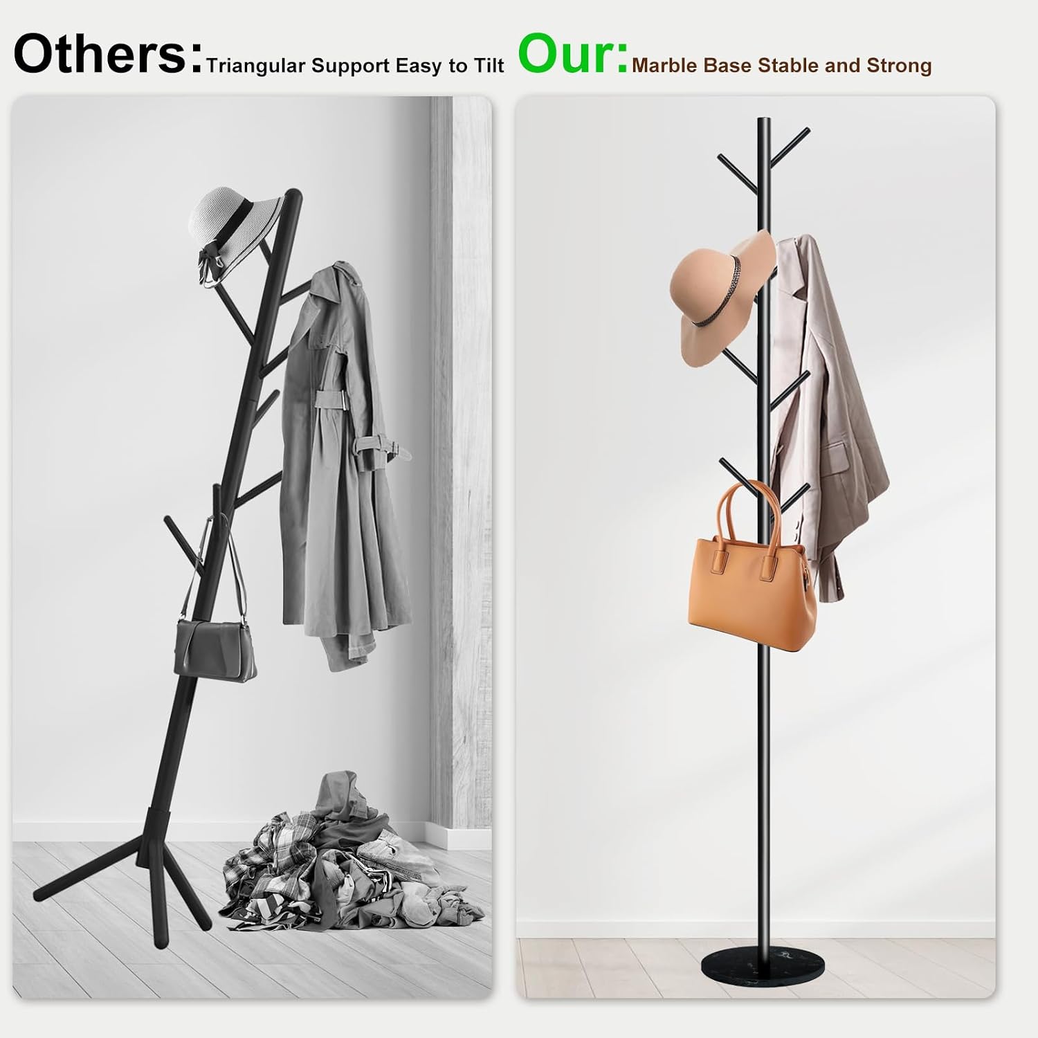Coat Rack with Natural Marble Base, Metal Freestanding Coat Rack with 8 Hooks, Heavy Duty Coat Hanger Stand for Entryway, Office, Bedroom,Dorm for Coats, Hats, Handbags and Scarves(Black)