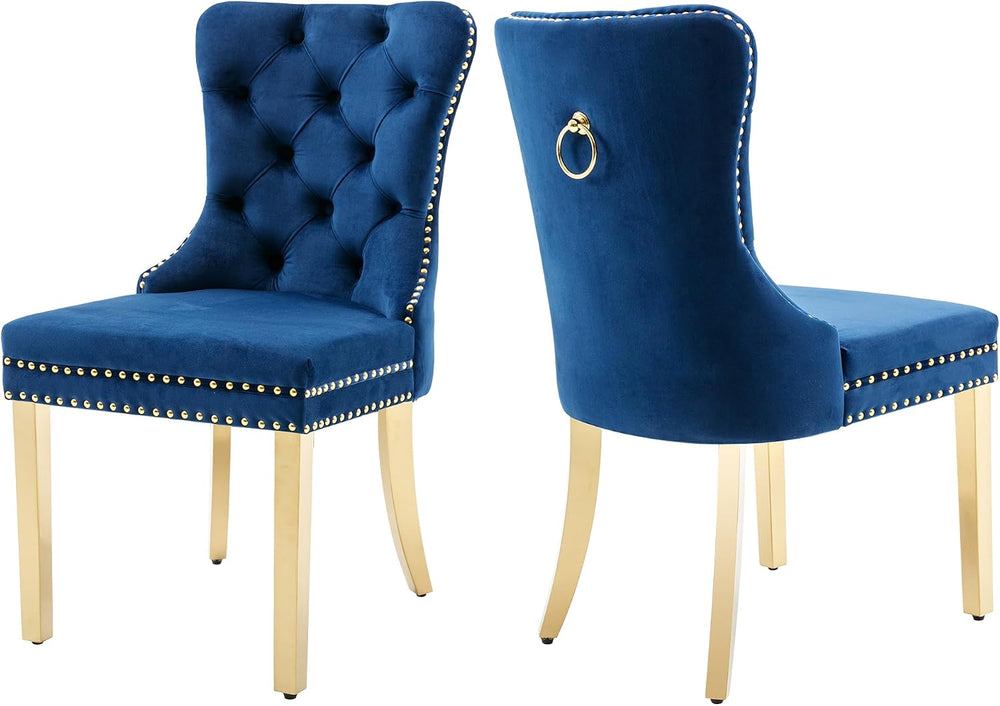 Blue Velvet Dining Chairs Set of 2, Elegant Tufted & Nailhead, Gold Legs ...