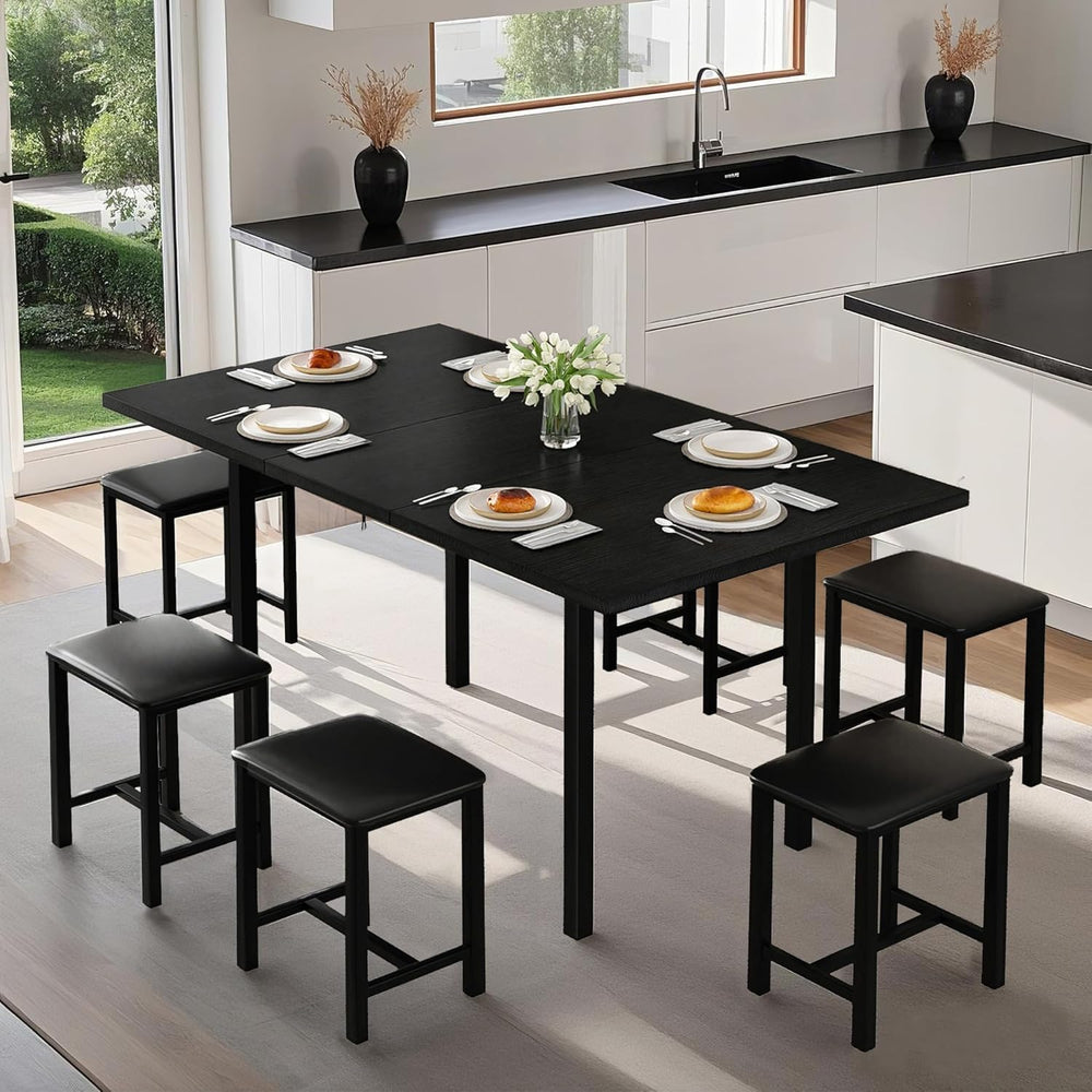 VECELO 7-Piece Dining Table Set with 6 Square PU Stools, 63" Expandable ...