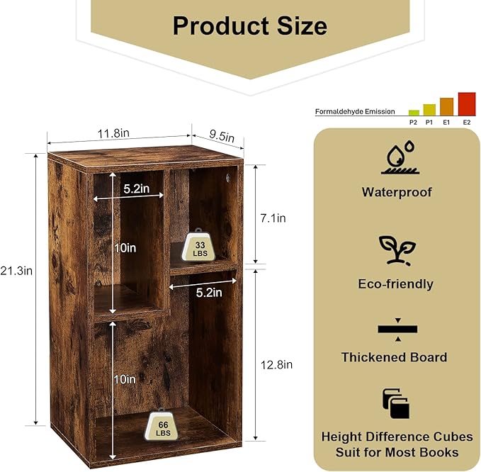 VECELO 3 Cube Small Bookcase, Fits Tallest Hardcovers, Horizontal Available, 2-Tier Modern Bookshelf, Storage Organizer for Small Spaces, Kids Room, Bedroom Living Room, Rustic Brown