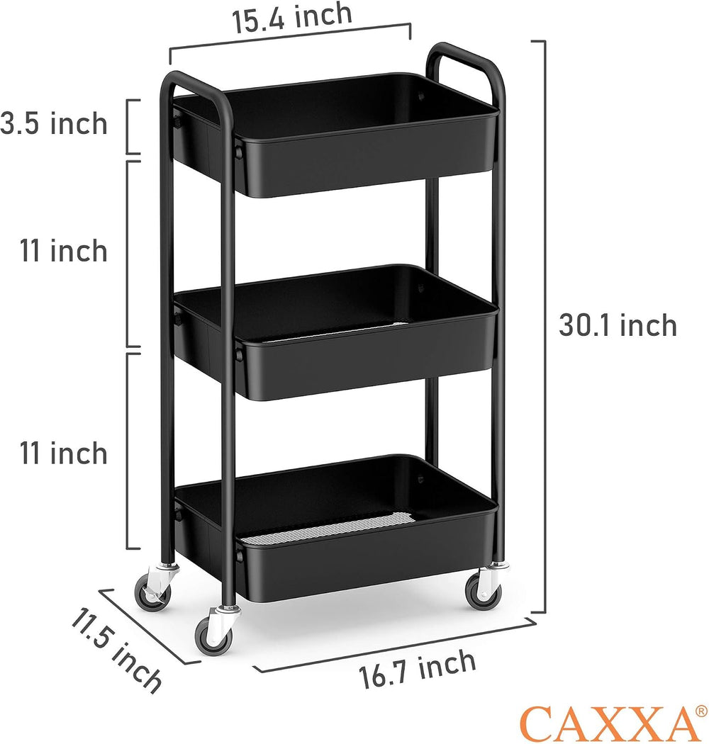 CAXXA 3-Tier Rolling Metal Storage Organizer - Mobile Utility Cart, Kitchen C...
