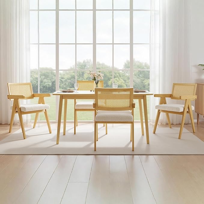 CHITA Rattan Dining Chairs Set of 4, Modern Dining Chair with 2.8inch Cushion, Rubberwood Frame Accent Chairs for Dining Room/Kitchen/Living Room, Oak