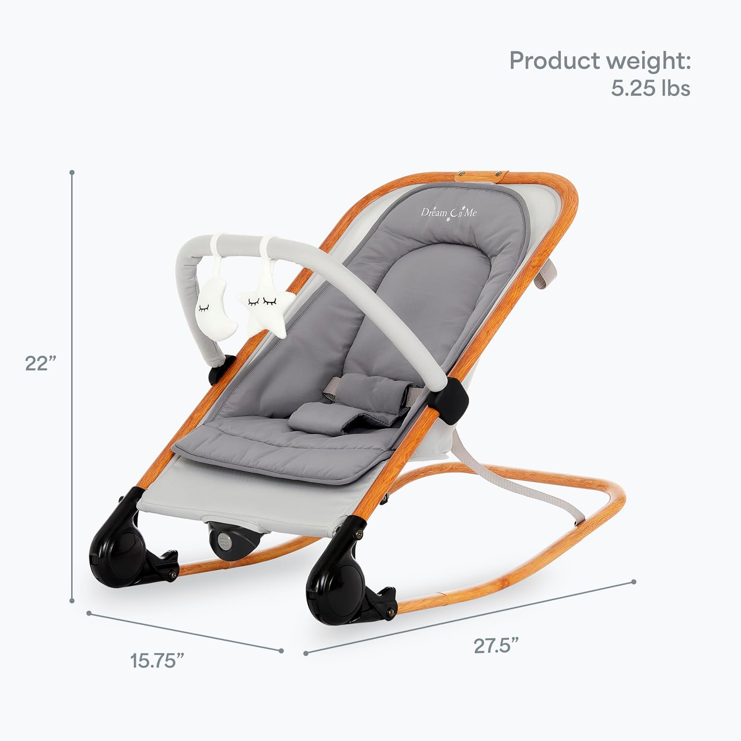 Dream On Me Rock On Me 2-in-1 Baby Rocker and Stationary Seat, Grey | Adjustable Recline, 3-Point Harness, Detachable Toys, Music & Soothing Motion, Quick Compact Fold, 20 Lb Limit, Beechwood