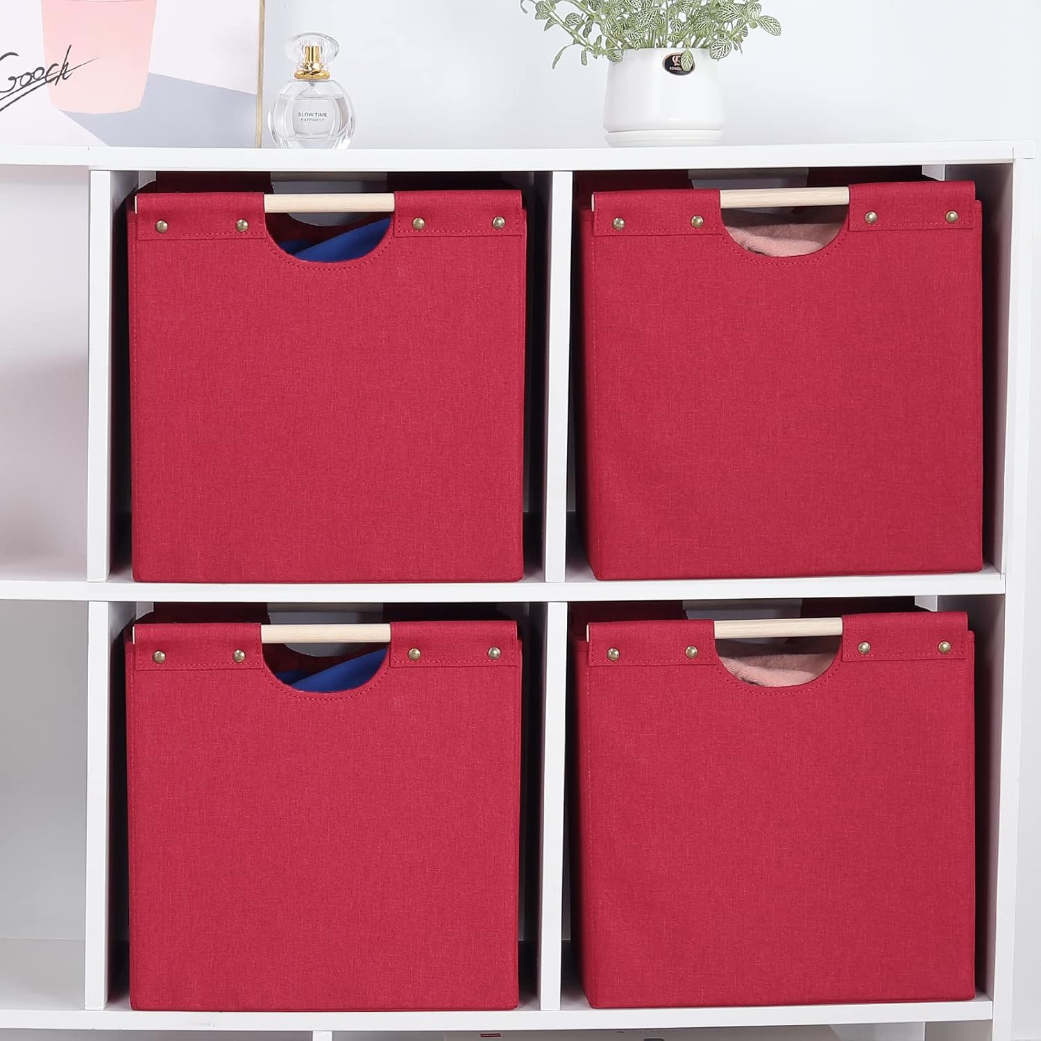 HOONEX Large Collapsible Storage Bins, Linen Fabric, Pack of 2, Storage Baskets with Wooden Carry Handles and Sturdy Heavy Cardboard, for Home, Office, Car, Nursery, Red