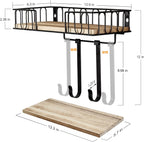 TJ.MOREE Ironing Board Hanger Metal Wall Mount Iron and Ironing Board Holder, Laundry Room Decor and Storage with Large Storage Black Wooden Base Basket and Removable Hooks