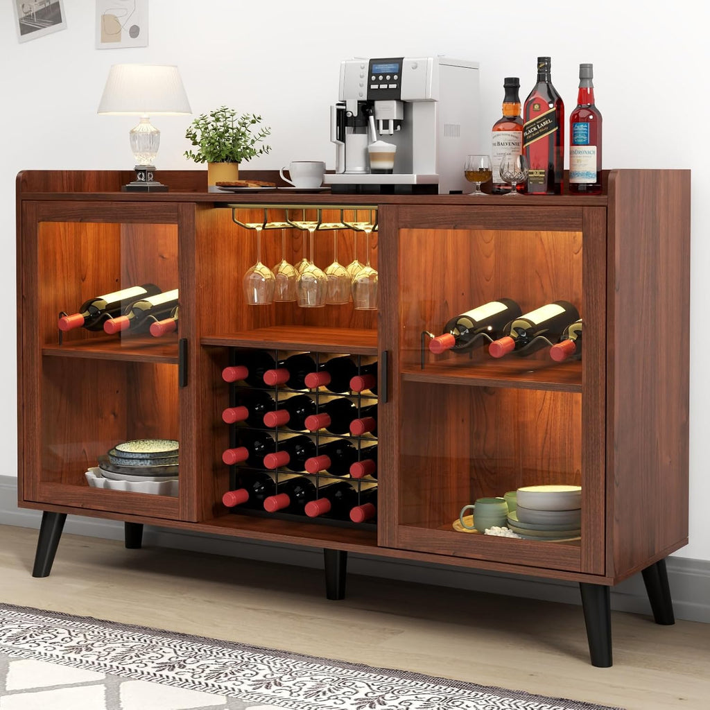 Wine Bar Cabinet with Led Light, Home Coffee Cabinet with Wine & Glass Rack | Kitchen Buffet Sideboard with Storage Shelves, Freestanding Liquor Cabinet for Living Room, Dining Room (Walnut)