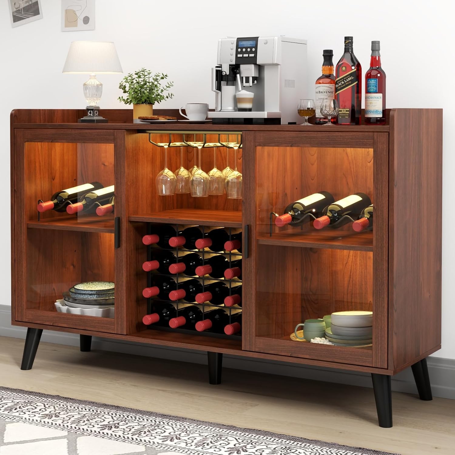 Wine Bar Cabinet with Led Light, Home Coffee Cabinet with Wine & Glass Rack | Kitchen Buffet Sideboard with Storage Shelves, Freestanding Liquor Cabinet for Living Room, Dining Room (Walnut)