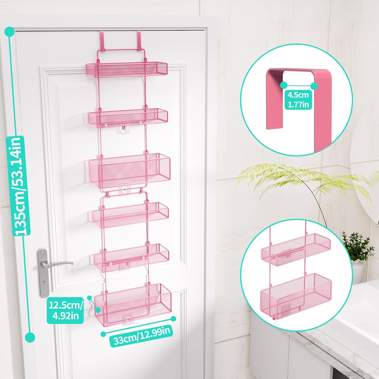 HapiRm Over Door Organizer Storage - Separable Door Organizer Hanging with 6 Metal Large Capacity Baskets for Bathroom Bedroom Kitchen Pantry Closet (Pink)