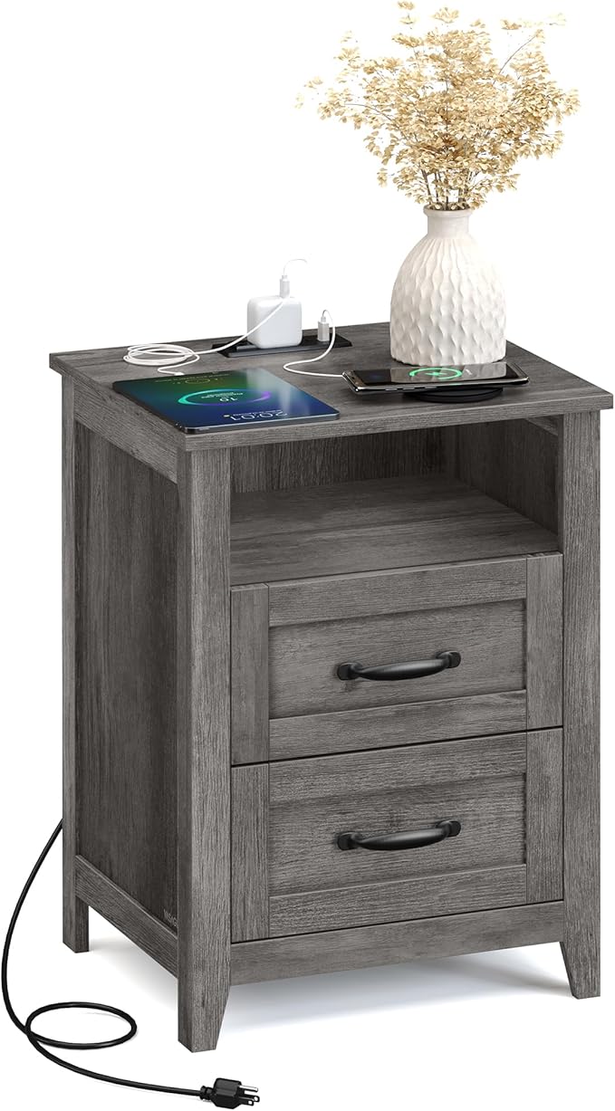 VASAGLE LIRY Collection - Farmhouse Nightstand with Charging Station, Bedside...
