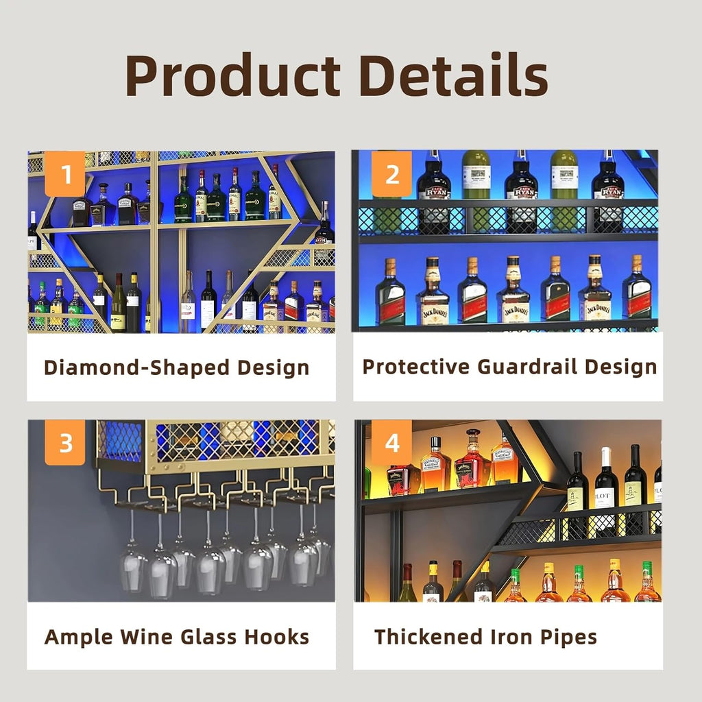 94in 4 Tier Modern Wall Mounted Wine Rack w/LED Light, Metal Wall Bar Shelves Wall Mounted w/Glass Holder, Large Liquor Shelf for Liquor Bottles for Home Bar & Dining Room(Gold-Yellow Led)