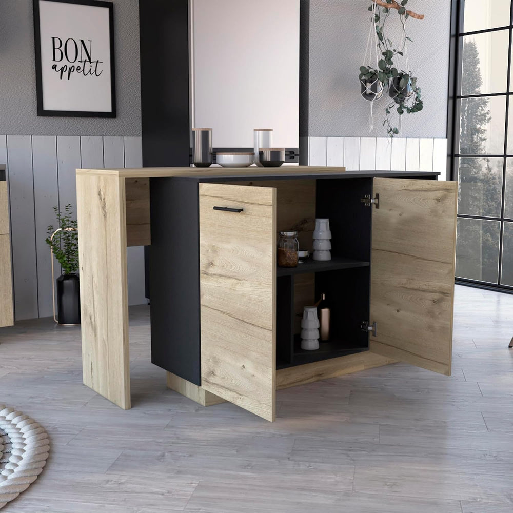 Kitchen Island Ohio - Modern Black and Light Oak Kitchen Island | Two open sh...