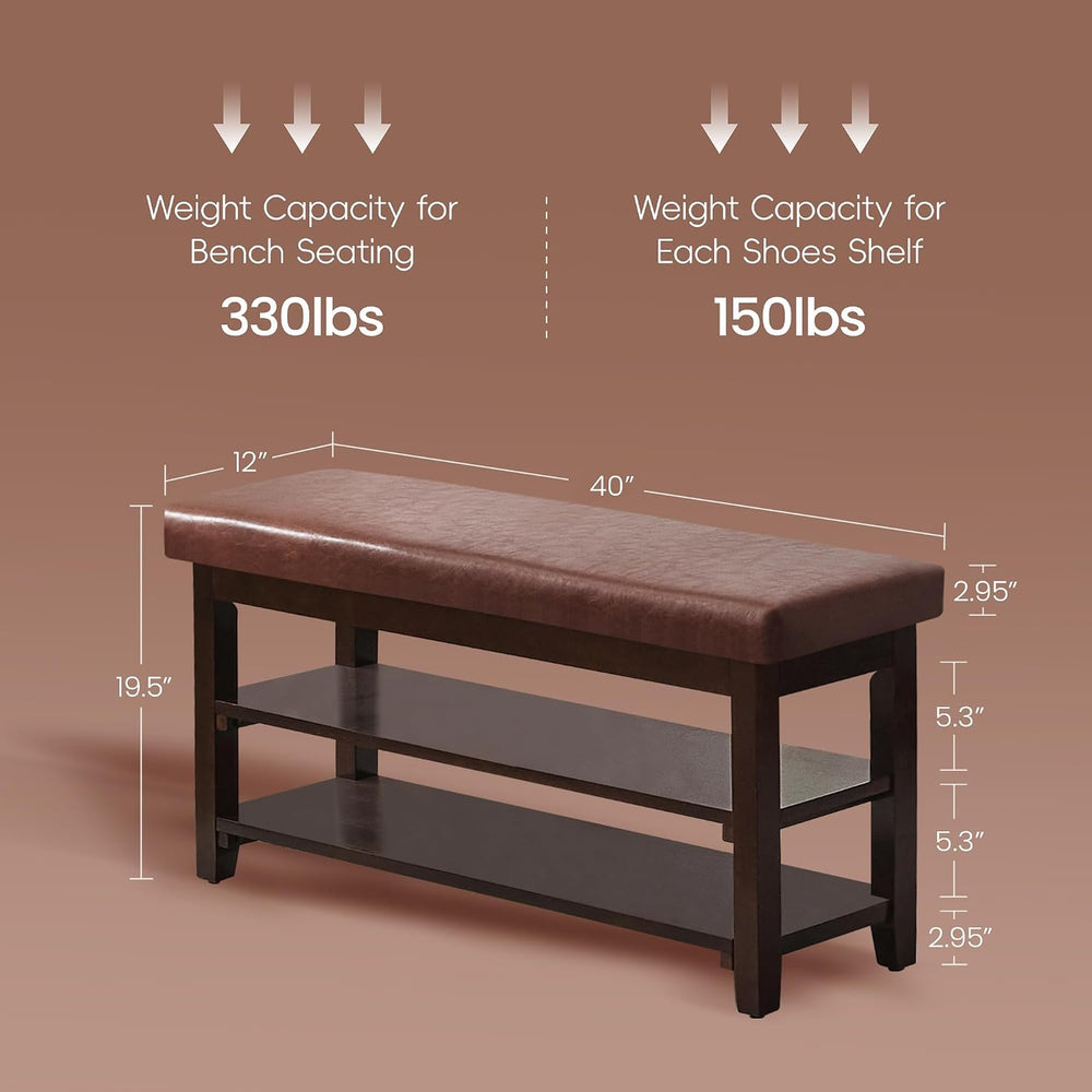 40" Shoe Bench with Leather Cushion, Upholstered Entryway Bench, Dark Br...