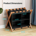 Bamboo Luggage Rack with 4 Storage Compartments, Foldable Suitcase Stand for Guest Room, 150lbs Capacity, Sturdy, Space-Saving and Easy to Assemble Organizer