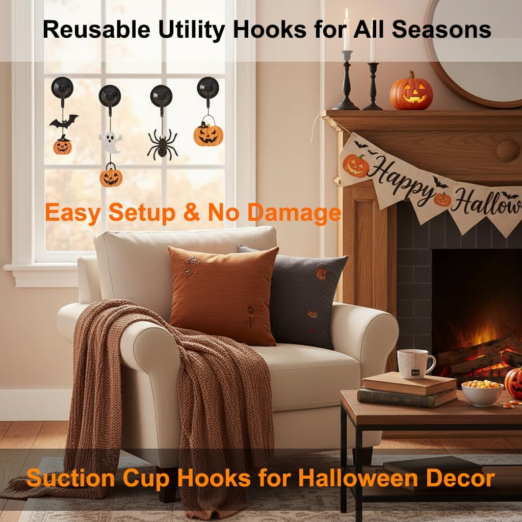 Suction Cup Hooks, Powerful Vacuum Wreath Hangers for Glass Door or Window, Set of 4, Black