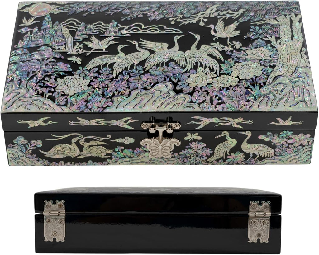 Mother of Pearl Jewelry Organizer box - Handmade Large Wooden Box Romantic Anniversary Birthday Gifts for women (Crane)