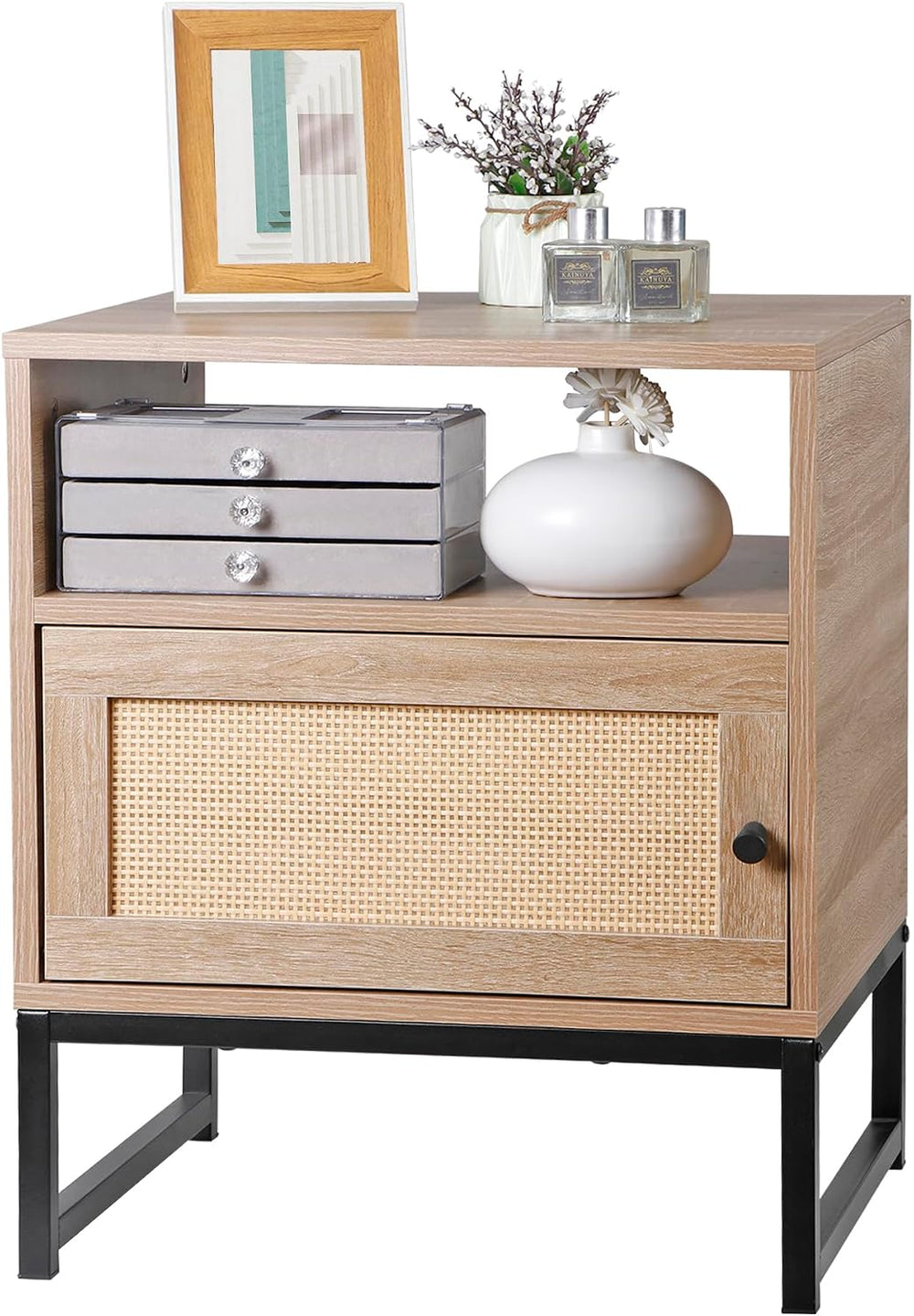 Nightstands End Table, PE Rattan Decor Drawer Opening Shelf, Set of 2 Bed Sid...