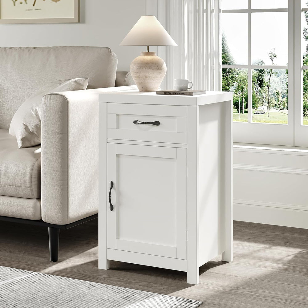 White Nightstand with Drawer, Farmhouse End Table with Storage Cabinet and Ad...