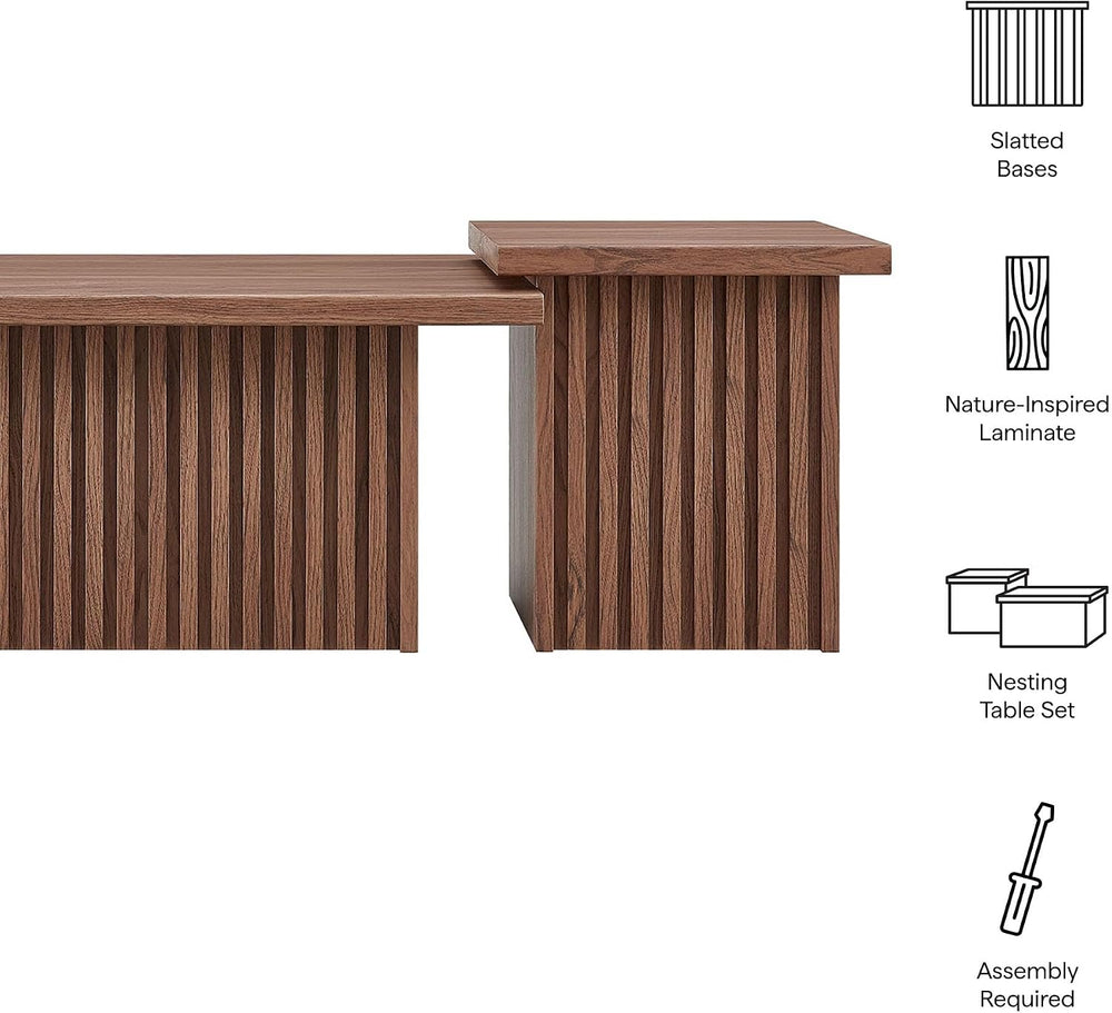 Modway Render Slatted Nesting Coffee Table Set in Walnut - 2 Piece Low Profil...