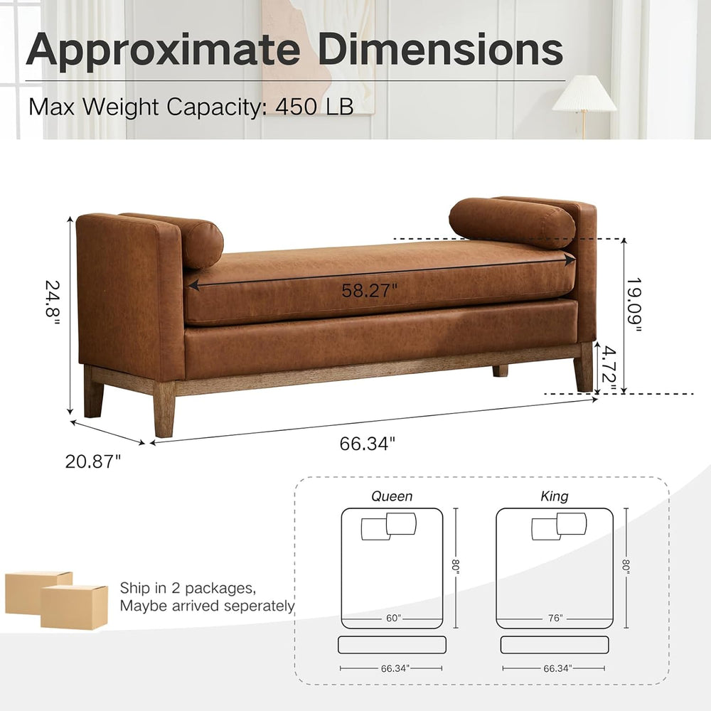 End of Bed Bench for Bedroom, 66.34'' Long King Size Vegan Leather Be...