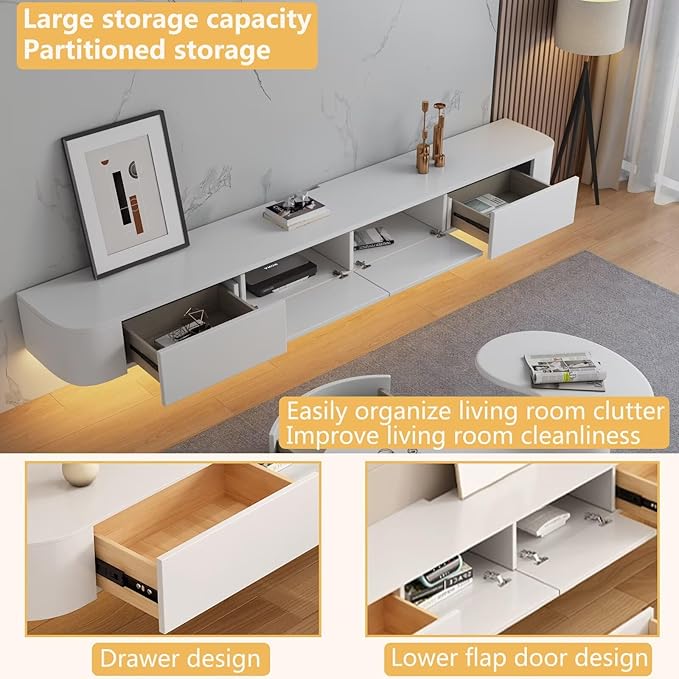 Floating TV Stand with Drawers, Pre-Assembled Wall Mounted TV Console, Modern Floating Media Console for Living Room, Space-Saving Floating TV Cabinet (White (with Led), 55in/140cm)