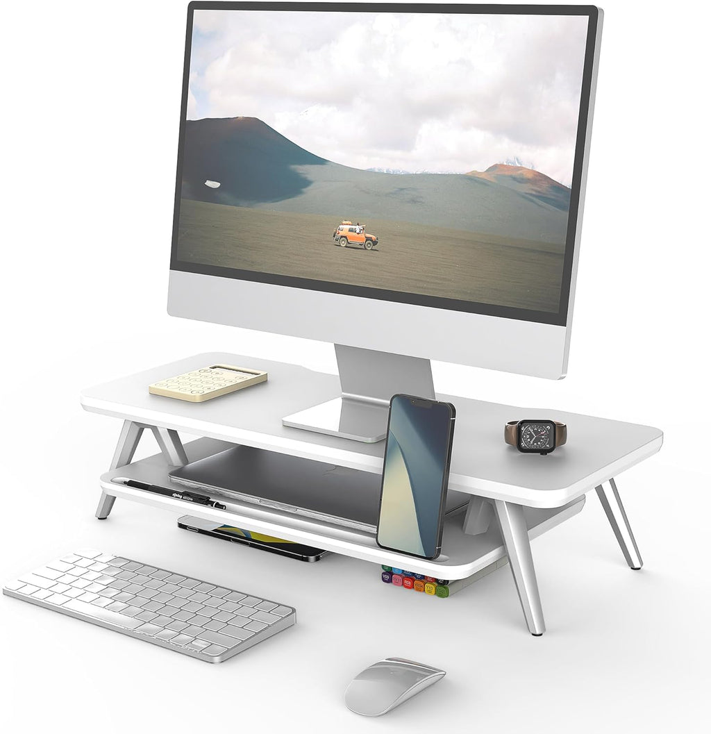 Fenge Monitor Stand, Monitor Stands Riser for Desk, 23.6 Inch Wood Desk Shelf with Storage Organizer and Cable Management for Office Desk Accessories