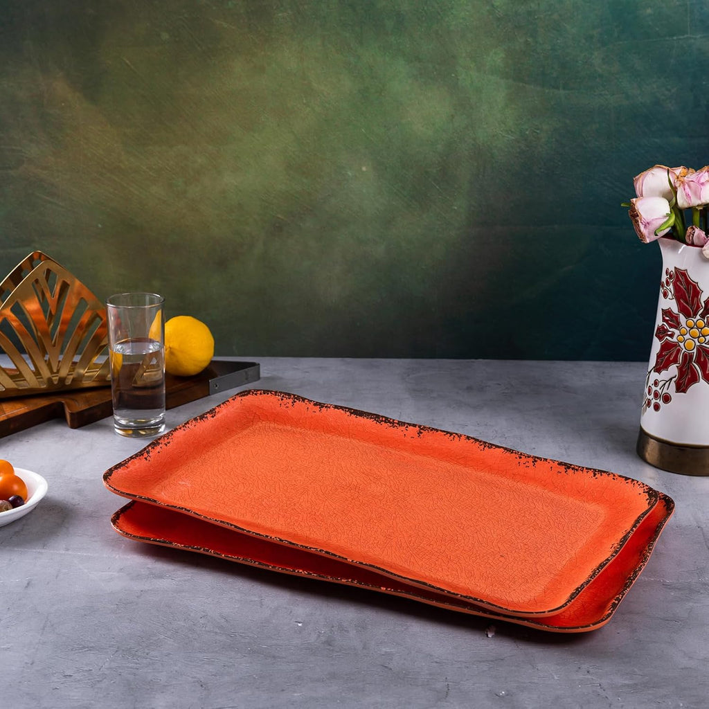 LEHAHA Melamine Serving Tray/Platters Set of 2, 17.5" x 10", 2-Piece Large Rectangular Melamine Platter Set for Serving Food, Orange