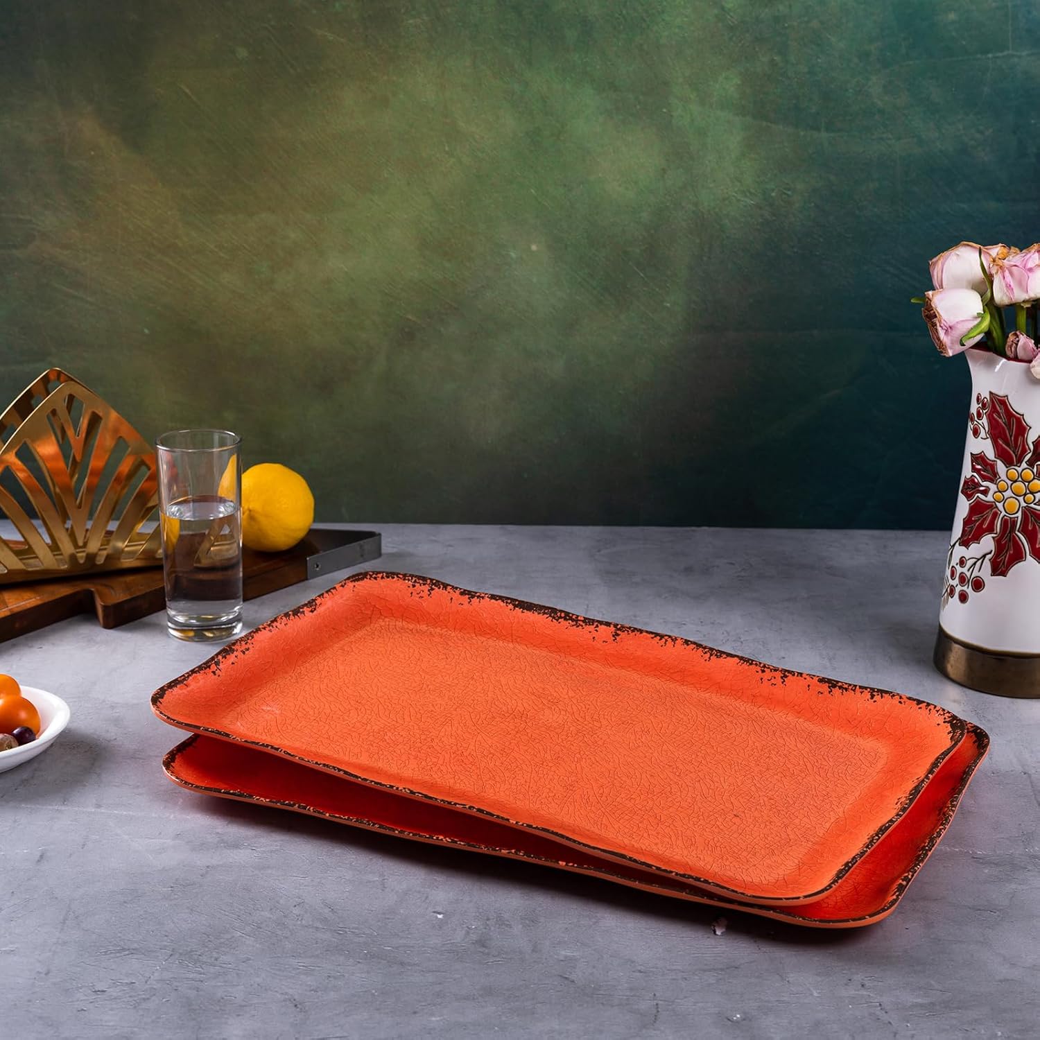 LEHAHA Melamine Serving Tray/Platters Set of 2, 17.5" x 10", 2-Piece Large Rectangular Melamine Platter Set for Serving Food, Orange