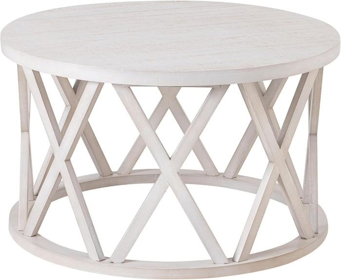 COZAYH Farmhouse Coffee Table, Rustic Round Coffee Table with X-Motifs Legs, Wood Textured Top, for Boho, French Country Decor, Antique White