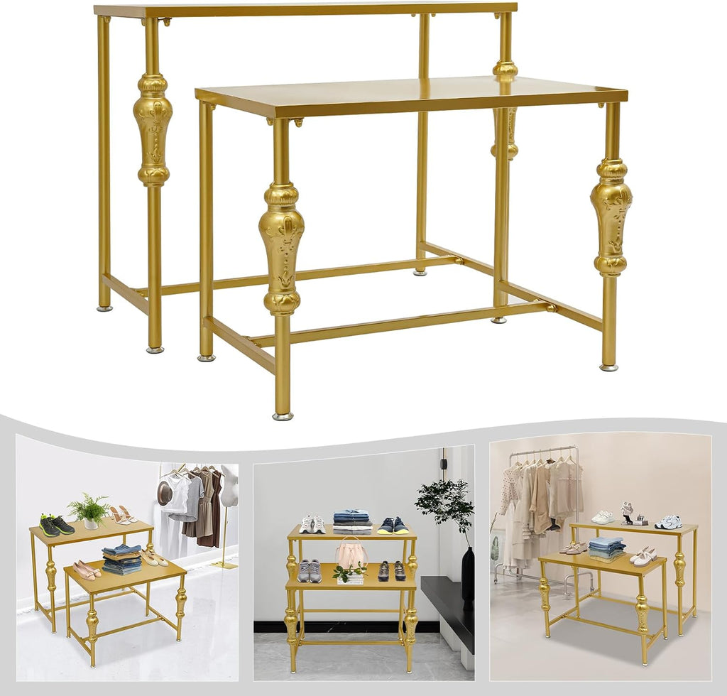 2Pcs Retail Display Tables, Shoe Handbag Display Stand Nesting Tables Set Heavy Duty Purse Display Risers for Home Boutique Retail Store (Gold)