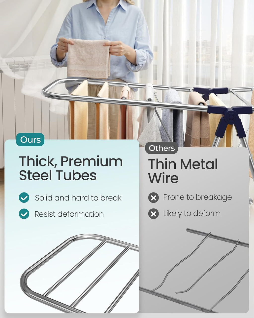 SONGMICS Clothes Drying Rack, Foldable Laundry Drying Rack, Sock Clips, Metal Clothes Airer with Height-Adjustable Gullwings, Space-Saving, Indoor Outdoor, 17 x 51.2 x 39 Inches, Blue ULLR505EQ01