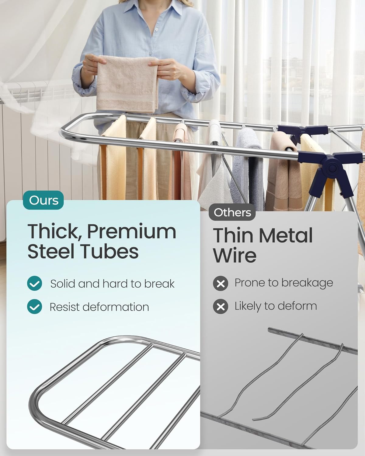 SONGMICS Clothes Drying Rack, Foldable Laundry Drying Rack, Sock Clips, Metal Clothes Airer with Height-Adjustable Gullwings, Space-Saving, Indoor Outdoor, 17 x 51.2 x 39 Inches, Blue ULLR505EQ01