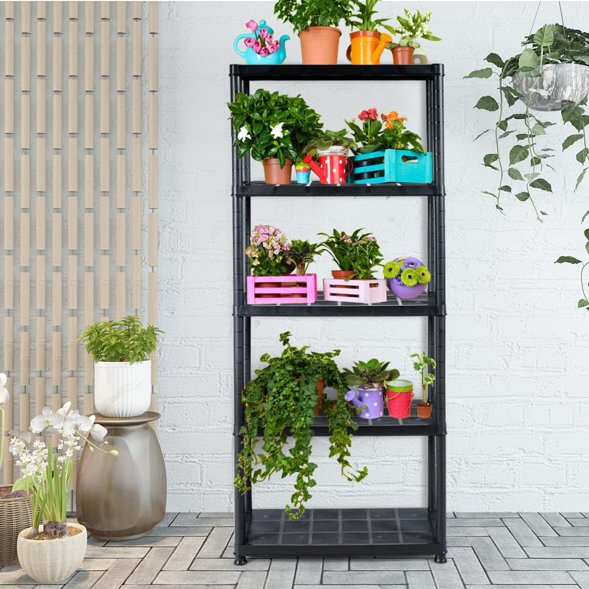 IRONMAX 5-Tier Garage Shelving Unit, Plastic Storage Rack with 4 Wall Brackets, Heavy Duty Shelf Organizer for Indoor and Outdoor, Black (2, 36”L X 18”W X 73”H)