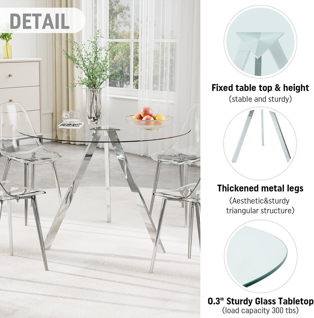 Round Dining Table Set for 4, 39" Clear Tempered Glass Table with Sliver...