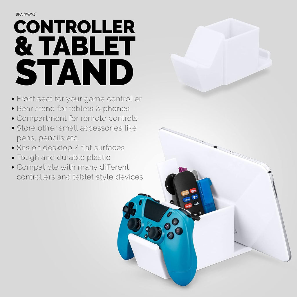 BRAINWAVZ Desk Organizer with Game Controller Holder, Tablet Stand for iPads/iPhones, TV Remote & Pen Storage, Reduce Desktop Clutter, Have All Your Side Table Items in One Space (White)