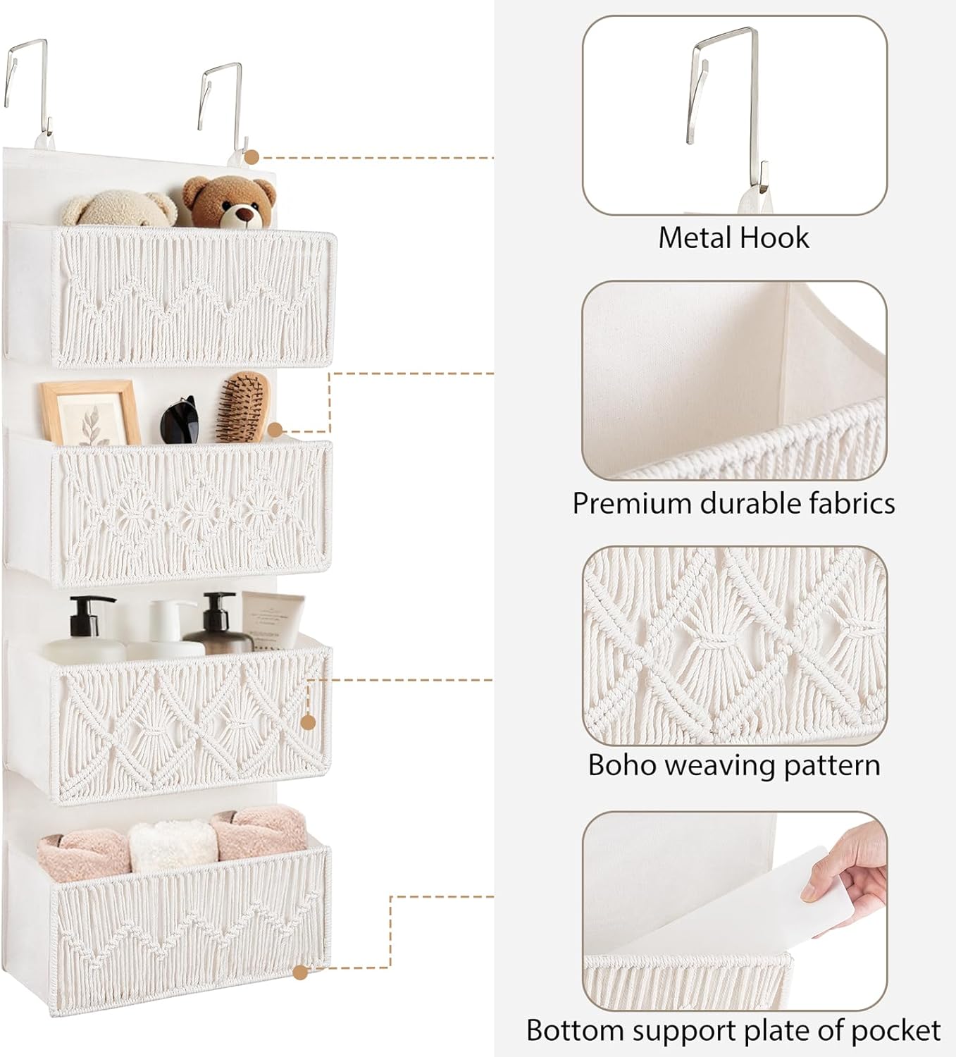 Dahey Over The Door Organizer Macrame Boho Nursery Storage Decor with 4 Large Woven Pockets Closet Behind Hanging Organizer for Bedroom Nursery Bathroom Apartments Dorm Pantry Decoration,White