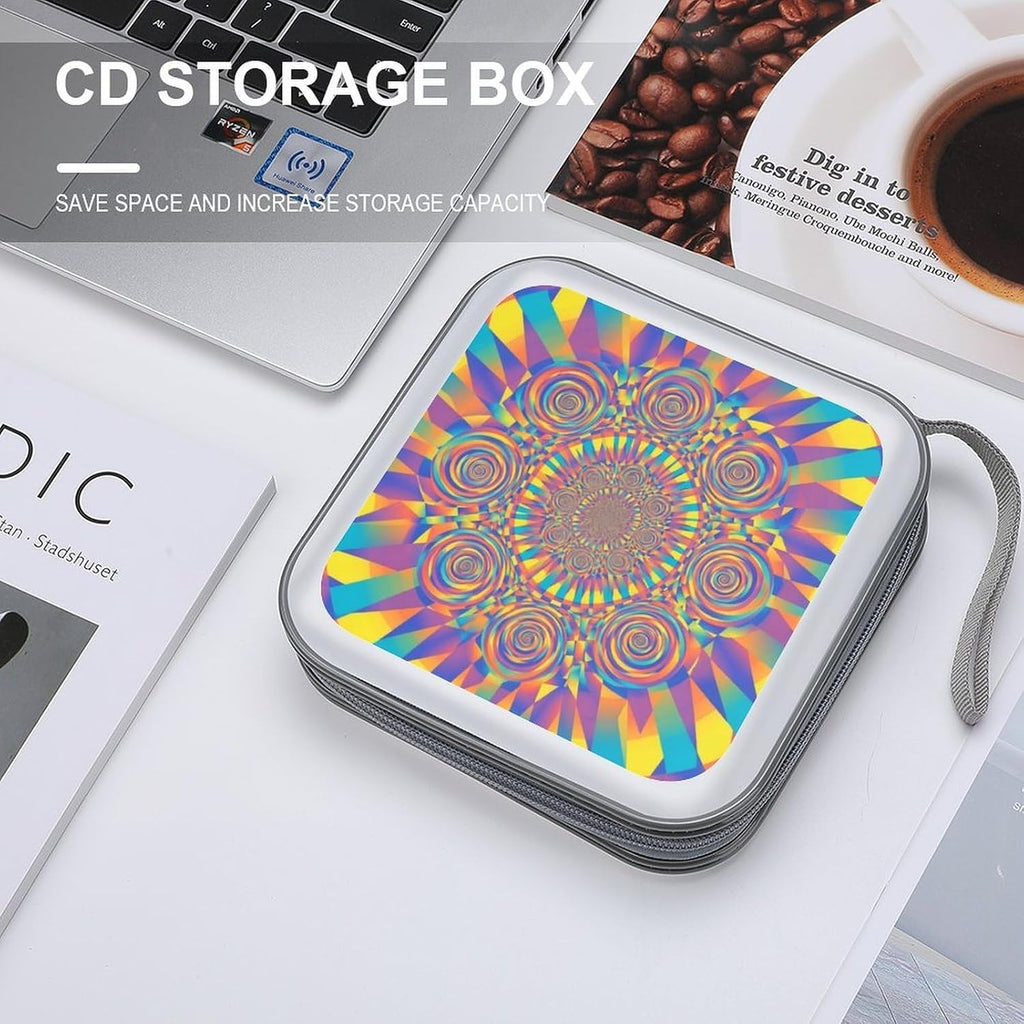 40-Disc CD/DVD Organizer Wallet Red Blue Yellow Spiral Tie Dye Rainbow, Heavy-Duty Hard Plastic Binder, Portable Storage Case with Carry Strap for Car