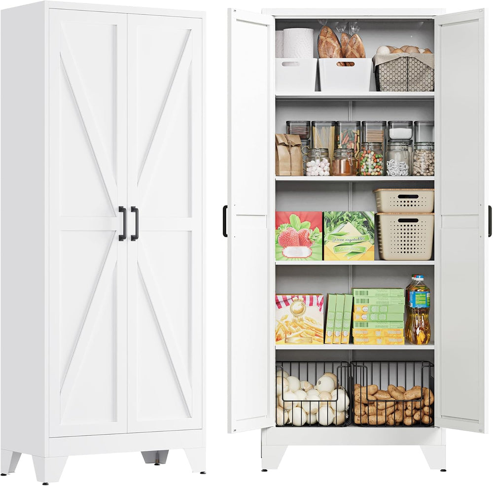 PEUKC 75" Farmhouse Metal Storage Cabinet with Doors and 4 Adjustable Sh...