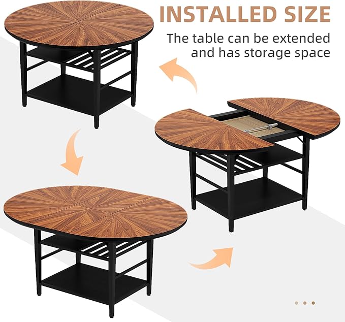 VFK 47.2"-63" Extendable Round Dining Table Set for 4–6, Solid Wood & Metal Table with Wine Rack Storage Shelf, Walnut Kitchen Furniture with 6 Upholstered Chairs (Storage Table and 6 Brown Chairs)