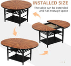 VFK 47.2"-63" Extendable Round Dining Table Set for 4–6, Solid Wood & Metal Table with Wine Rack Storage Shelf, Walnut Kitchen Furniture with 4 Upholstered Chairs (Storage Table and 4 Brown Chairs)
