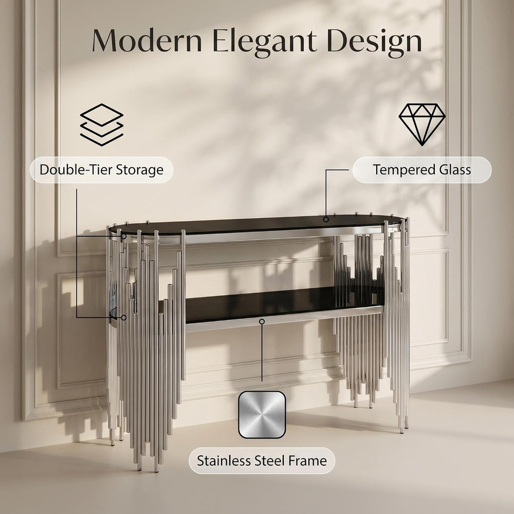 Modern Oval Console Table, 47 Inch Silver Sofa Tables with 2-Tier Black Tempe...